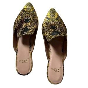 JCrew Pointed Toe Slip-on Slides in Brocade Marigold and Black Size 7